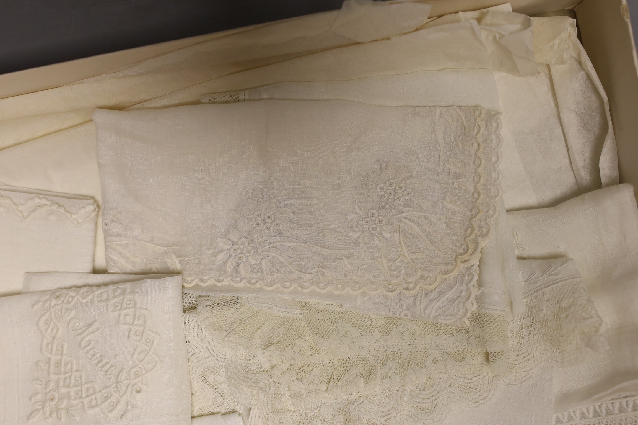 Ten mixed mostly 19th century hand white worked, some lace edged, hankies